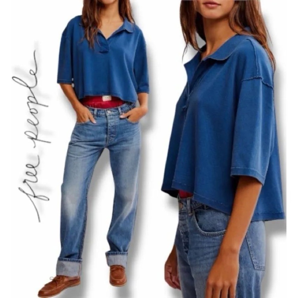 Free People NWT We The Free Denmark Polo Blue Waffle Knit Crop Top XL OB2155312